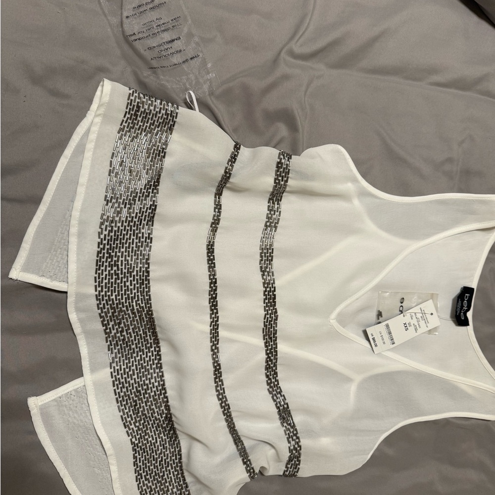 Bebe Sheer White & Silver-beaded Top